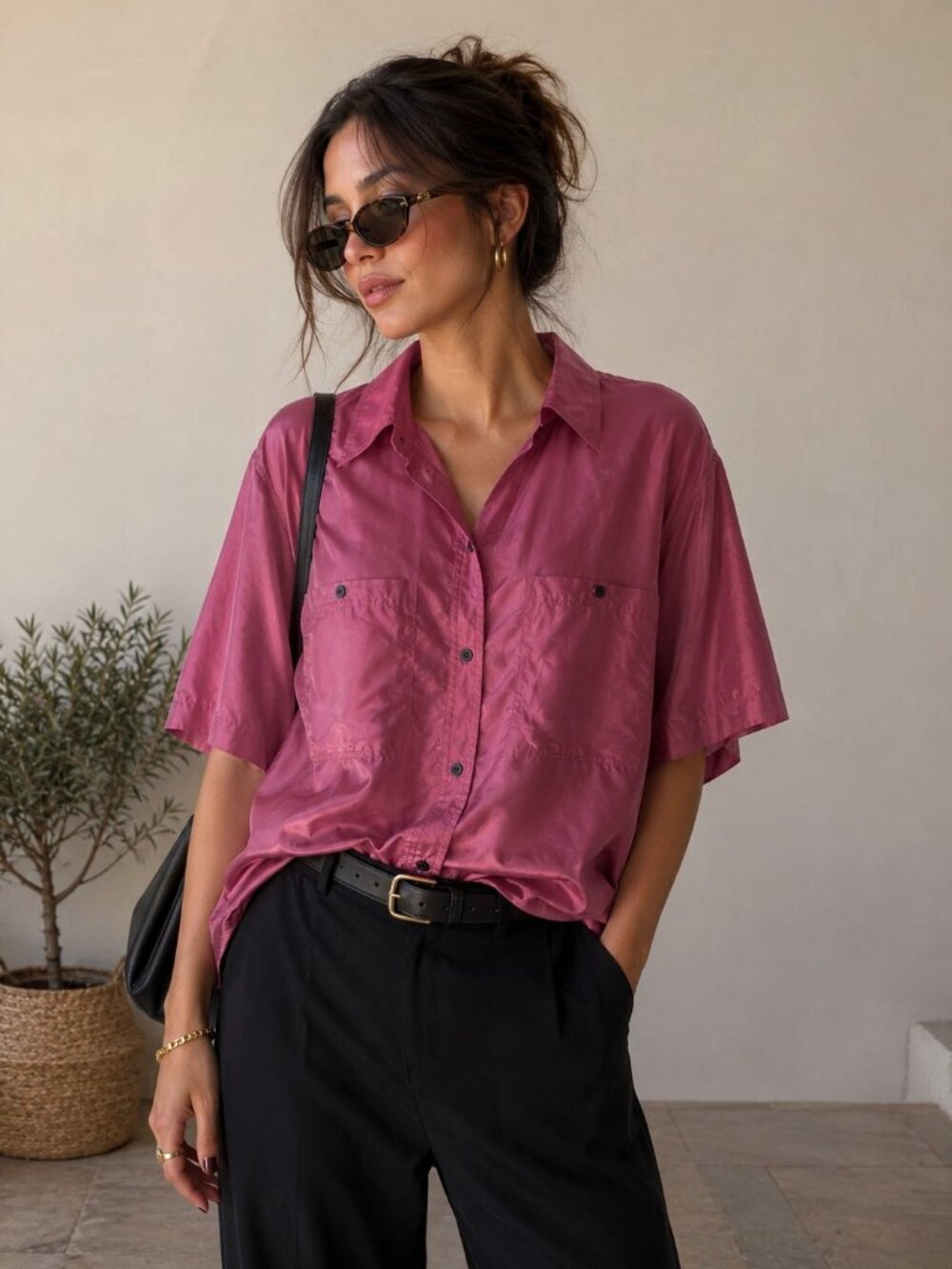 Vintage 80s silk shirt Women's Medium short sleeve‎ Blush Rose oversized Boxy